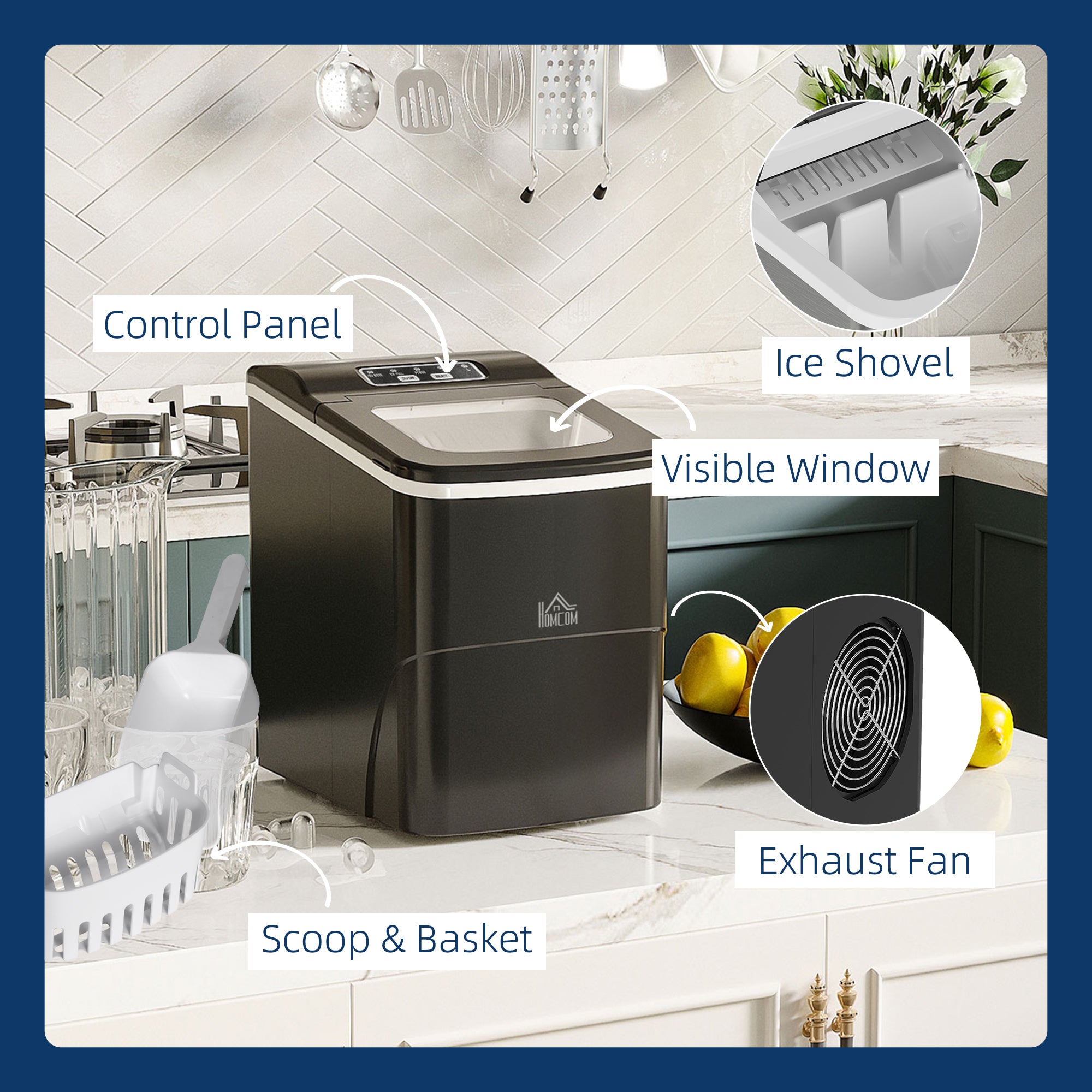 HOMCOM Countertop Ice Machine, 12Kg in 24 Hrs, 9 Cubes Ready in 8 Mins, Portable Ice Cube Maker with Self-Cleaning, Ice Scoop and Basket for Home, Kitchen, No Plumbing Required, Black